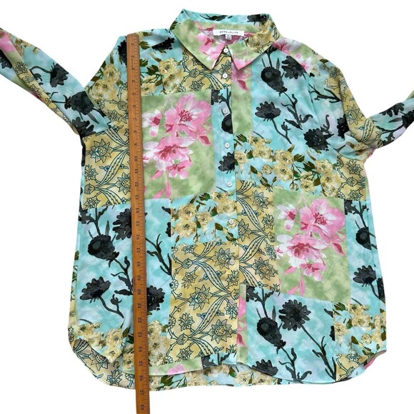 Rose + Olive Floral Sheer Boho Top XL Multicolor Patchwork Button Up Y2K Blouse - Picture 7 of 8